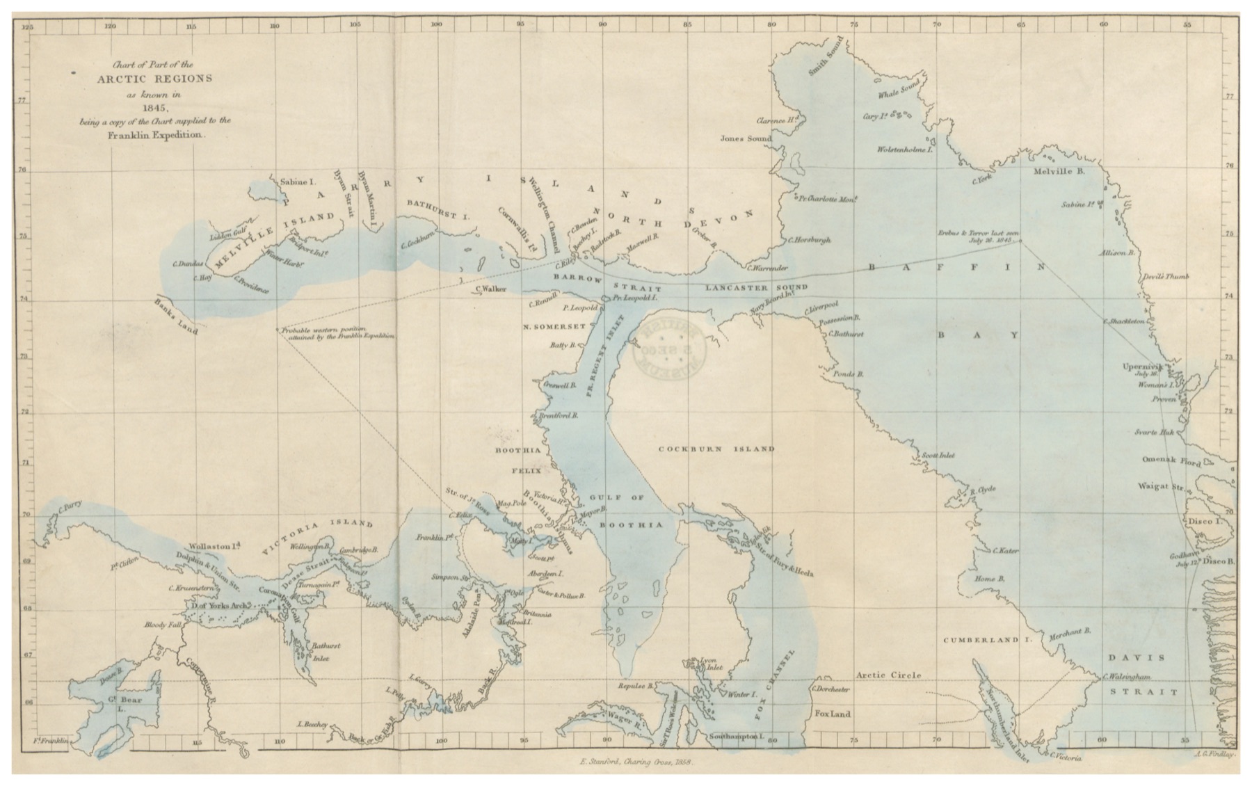 Hand-coloured Arctic chart with pale blue seas, engraved coastlines and large areas left unknown