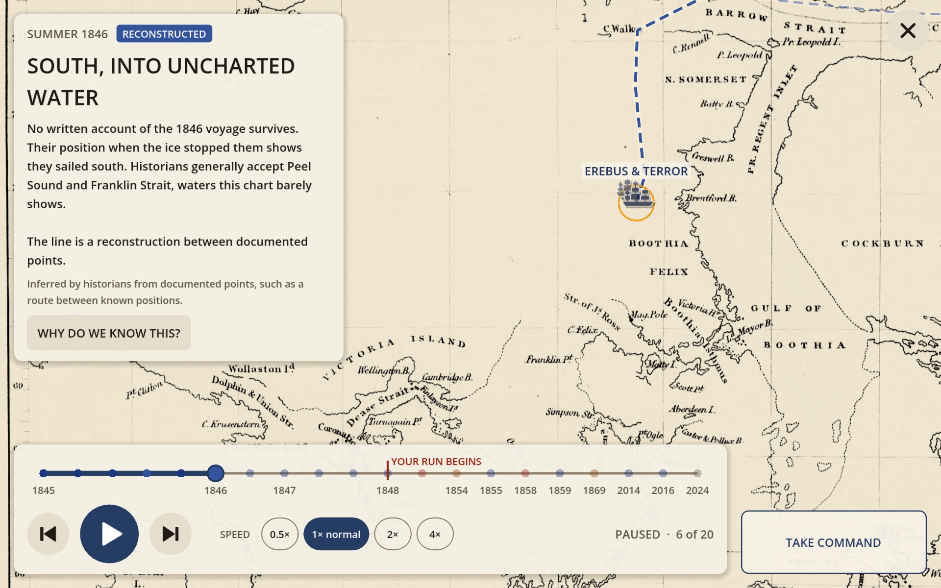 REXPEDIT development screenshot showing the expedition’s reconstructed 1846 voyage on the historical chart, with an evidence panel and timeline